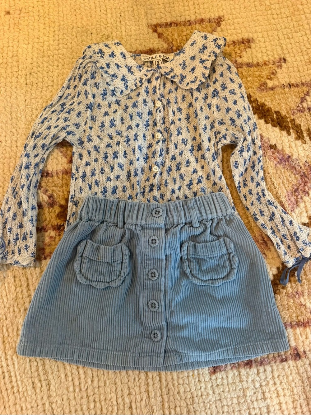 Emile et Ida Girls Blue Floral Knit Top - Light Blue